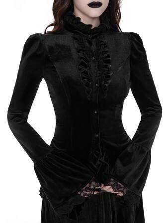 Breakform Blusa de terciopelo de estilo gótico medieval de la corte de las mujeres, con cuello alto, mangas abullonadas, puños acampanados, bajo asimétrico, botones frontales y ajuste en la cintura
