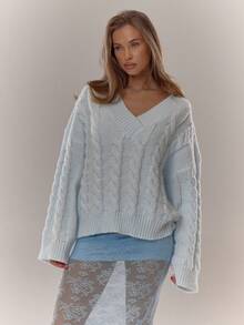 MUSERA Cable Knit V Neck Drop Shoulder Jumper Everyday Cosy Winter Blue And Brown - Baby Blue - View 1