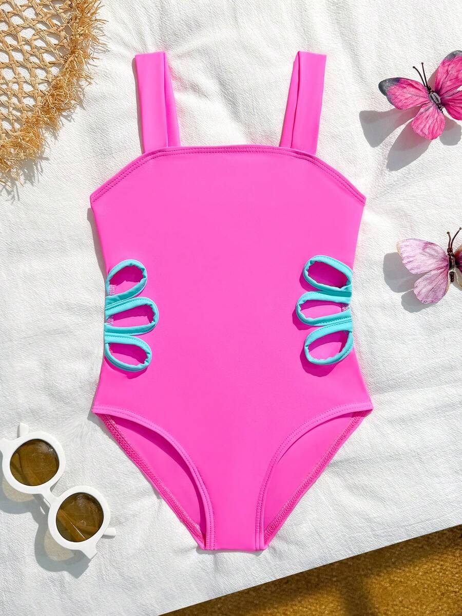 SHEIN 少女花卉镂空设计连体泳衣 - 西瓜粉 - 查看 1