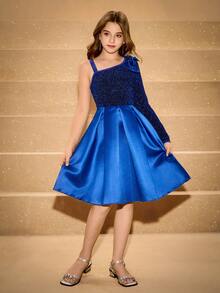Tween Girl Elegant Elegant Luxurious Navy Blue Metallic Thread Single Sleeve Bow Satin Pleated Slim Fit Formal Dress - Royal Blue - View 8