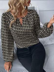 SHEIN Clasi 加大码长袖镂空全印花休闲衬衫商务休闲女装 - 彩色 - 查看 5