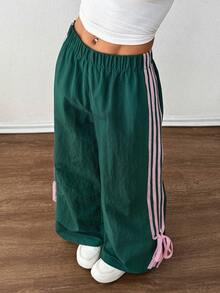 SHEIN PETITE Women's Green Side Contrast Pink Bowknot Elastic Waist Pants Y2k Pants Drawstring Pants Green Pants Track Pants Wide Leg Pants