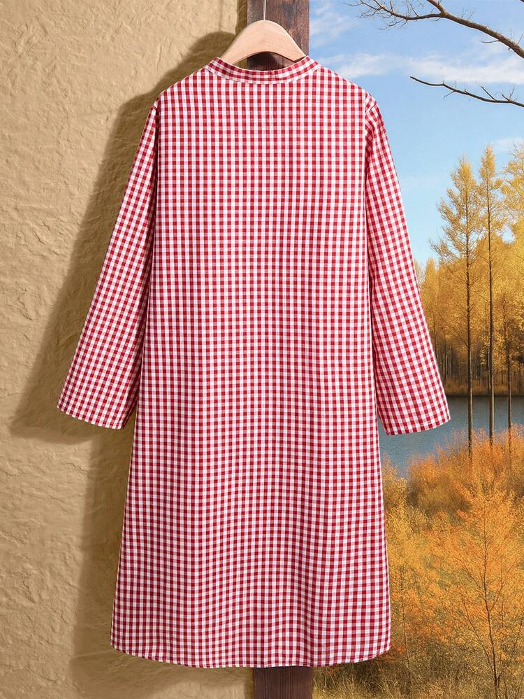 Vestido camisa holgado de talla grande para mujer, con cuello alto, estampado a cuadros, parches y bolsillos, estilo vintage y casual, para primavera/otoño