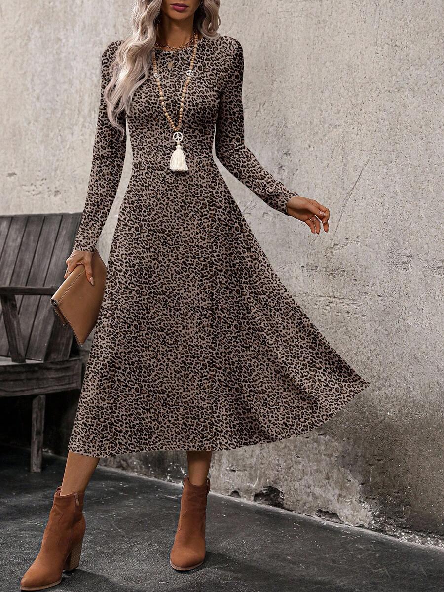 EMERY ROSE Đầm nữ tay dài cổ tròn, eo thon, họa tiết da báo, thích hợp cho mùa xuân và mùa thu. Đầm dài tay dáng midi, họa tiết da báo, phong cách thường ngày. - Nhiều màu - Xem 1