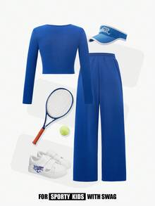 JNSQ Tween Girl Clothes, Girl Outfit Sets, Children Autumn/Winter Sports Wear, Autumn/Winter Girls Fitted Asymmetrical T-Shirt Top Paired With Loose Straight Long Two Pieces Set, Suitable For Autumn, Winter Daily Wear, Outdoor Activities, Vacation, Street Style, Party And Leisure Fall