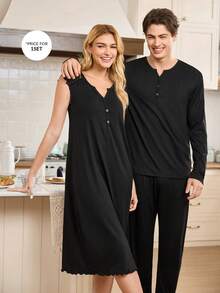 CoupledUp Men's Notched Neck Decorative Button Casual Thin Long Sleeve Top & Pants Pajama Clothes Set, Autumn/Winter - Black - View 6