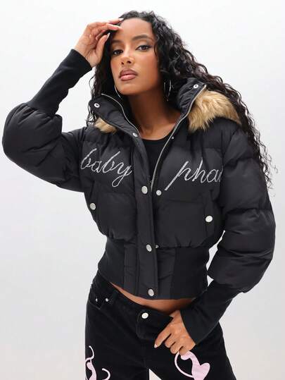 BABYPHAT Cropped Puffer Jacket With Fur Hood Embroidered Winter Coat Quilted Outerwear
