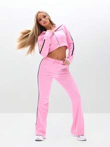 BABYPHAT 拉链连帽运动衫，罗纹纹理，徽标印花，休闲舒适 - 粉色 - 查看 5