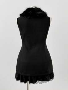 Sunspun Große Größen Damen Schwarze Kragen Ärmellose Kurze Jacke - Schwarz - Übersicht 2