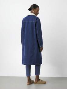 Maija Women's Blue Extended Denim Jacket, Lambswool Long Coat, Classic Winter Warm Wear