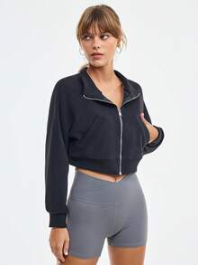 Loungeista Áo khoác lông cừu cổ đứng ấm áp cho nữ, áo khoác chạy bộ lót lông cừu Sherpa có lớp lót dày - màu đen - Xem 4