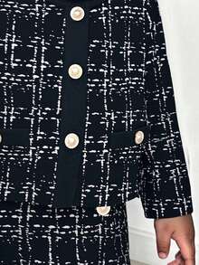 SHEIN 女婴格子长袖单排扣夹克和裙子休闲装，秋冬 - 黑與白 - 查看 5