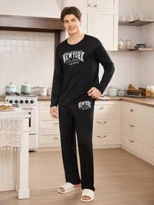 CoupledUp 字母印花休闲宽松长袖上衣和裤子男士睡衣套装秋冬服装 - 黑色 - 查看 2