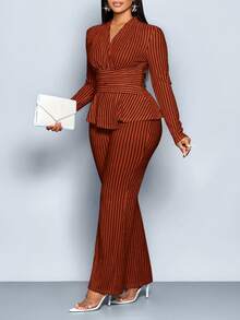 SOLERSUN 大码女装秋冬优雅条纹V领长袖T恤和阔腿裤两件套，不对称下摆两件套，休闲日常穿着，女装冬装女装秋装，包裹性，扭纹，腰带，黑白条纹提花纹理面料，日常穿着，通勤，购物 - 棕色 - 查看 8