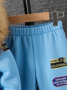 SHEIN Playful Pals Toddler Boys' Hooded Top With Embossed Chest And Furry Collar, Matching Casual Pants, Fashion Versatile, Suitable For Autumn/Winter Baby Boy Hoodie Set Baby Tracksuit - Blue - View 7