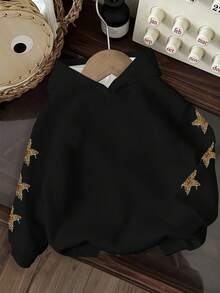 Attitoon Felpa nera a maniche lunghe con stampa grafica di stelle in stile minimalista casual, adatta per autunno/inverno, vintage, sexy, carina, stile Y2K, coconut girl, boho, hippie, festival musicali - Multicolore - Visualizzare 2