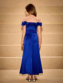 Tween 女童优雅奢华蓝色无袖露肩亮片蓬松下摆收腰高开衩连衣裙 - 藍色 - 查看 2