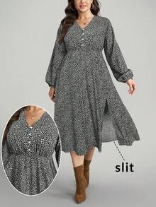 SHEIN LUNE 大码秋装女式豹纹 V 领长袖优雅开衩下摆连衣裙，秋冬/感恩节女装/万圣节服装/长款女装/秋装曲线感恩节装节日装节日派对连衣裙加大码 - 黑色 - 查看 1