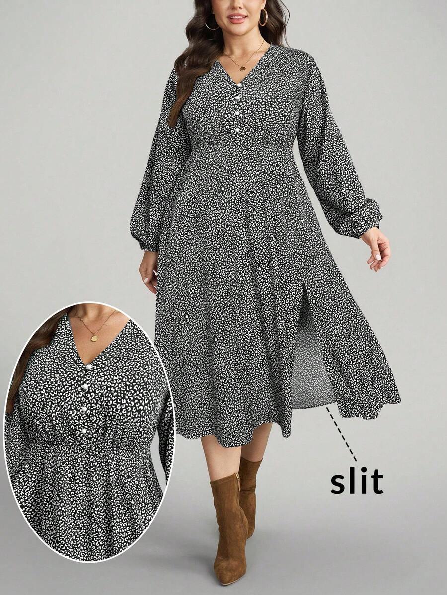 SHEIN LUNE 大码秋装女式豹纹 V 领长袖优雅开衩下摆连衣裙,秋冬/感恩节女装/万圣节服装/长款女装/秋装曲线感恩节装节日装节日派对连衣裙加大码 - 黑色 - 查看 1