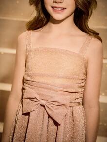 少女优雅香槟金色和银色细肩带褶饰腰部可爱蝴蝶结多层裙装 - 香檳色 - 查看 5