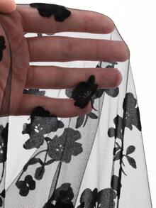 FRIFUL 女士优雅高领花卉网眼透明衬衫，带荷叶边袖子，适合春夏秋季长袖上衣 - 黑色 - 查看 6