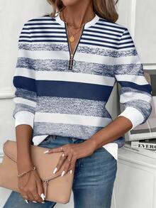 EMERY ROSE Textured Striped Print Zip-Up Round Neck Plus Size Women Sweatshirt - Multicolor - View 4