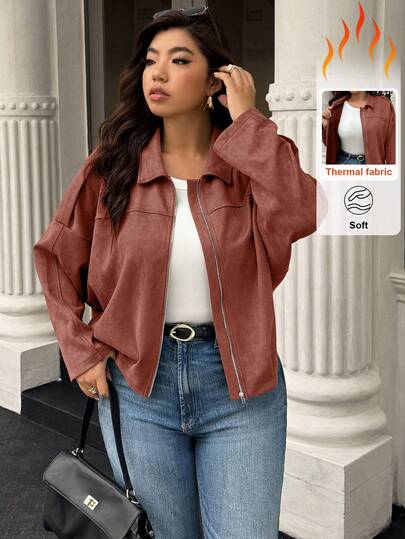 Easura Chaqueta casual con cremallera, hombros caídos y estilo vintage, talla grande, para otoño