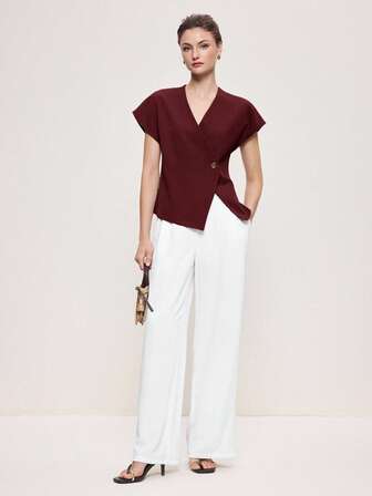 BizChic 2025秋冬新款红色不对称剪裁斜襟单排扣金属纽扣装饰宽肩女式上衣，现代优雅时尚商务休闲办公装，复古别致百搭浪漫，适合正式场合、派对、海滩、婚礼、招待客人、早午餐、机场、国庆节、新年、圣诞节、感恩节等场合，也可作为休闲外套穿着。