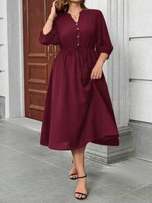 Miaspire Plus Size V-Neck Dropped Shoulder Puff Sleeve Concealing Belly Midi Dress - Burgundy - View 5