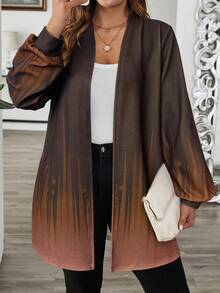 EMERY ROSE Plus Size Color Block Front Open Casual Jacket,Brown Autumn Casual Hiking New Year Christmas Party Winter Clothes For Women Cozy Fall Outerwear - Brown - View 1