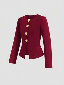 Sweetra French Minimalist Basic Metal Button Long Sleeve Women Regular Jacket, Christmas - Burgundy - View 5