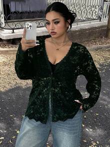 Calvaya Plus Size New Arrival High-End Sweet & Spicy Hollow-Out Lace Blouse - Dark Green - View 5