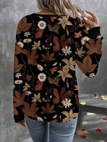 EMERY ROSE Camiseta Casual de Manga Longa com Gola Vintage Estampada com Flores, Decote em V e Camadas, Versátil para Outono/Inverno - Multicolorido - Visão 2