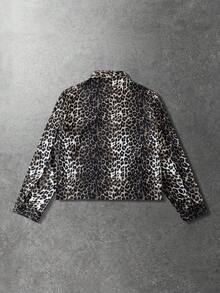 ROMWE MEN Street Life Unisex Street Style Leopard Print Textured Jacket, Grunge, Fall - Green - View 2