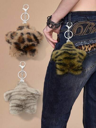 Goth 1pc Random Color Y2K Retro Fashionable Cute Personalized Versatile Minimalist High-Quality Autumn/Winter Plush Leopard Print, Striped, Zebra Print, 3D Star DIY Keychain Bag Charm, Suitable For Sisters, Best Friends, Women, Daily Wear, Holiday Gift