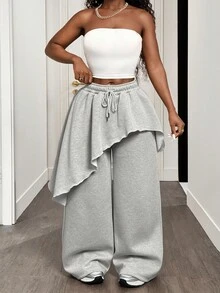 BamGleam 秋冬新款复古休闲高腰不对称裙裤，松紧腰宽松阔腿裤，带保暖内衬，适合女性穿着 - 灰色 - 查看 3