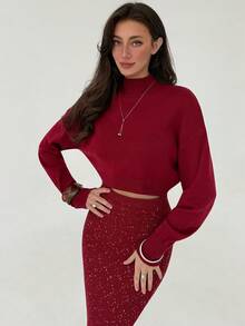 Aloruh Wine Red Stand Collar Loose Top + Wine Red Sequin Yarn Tight Extra Long Skirt