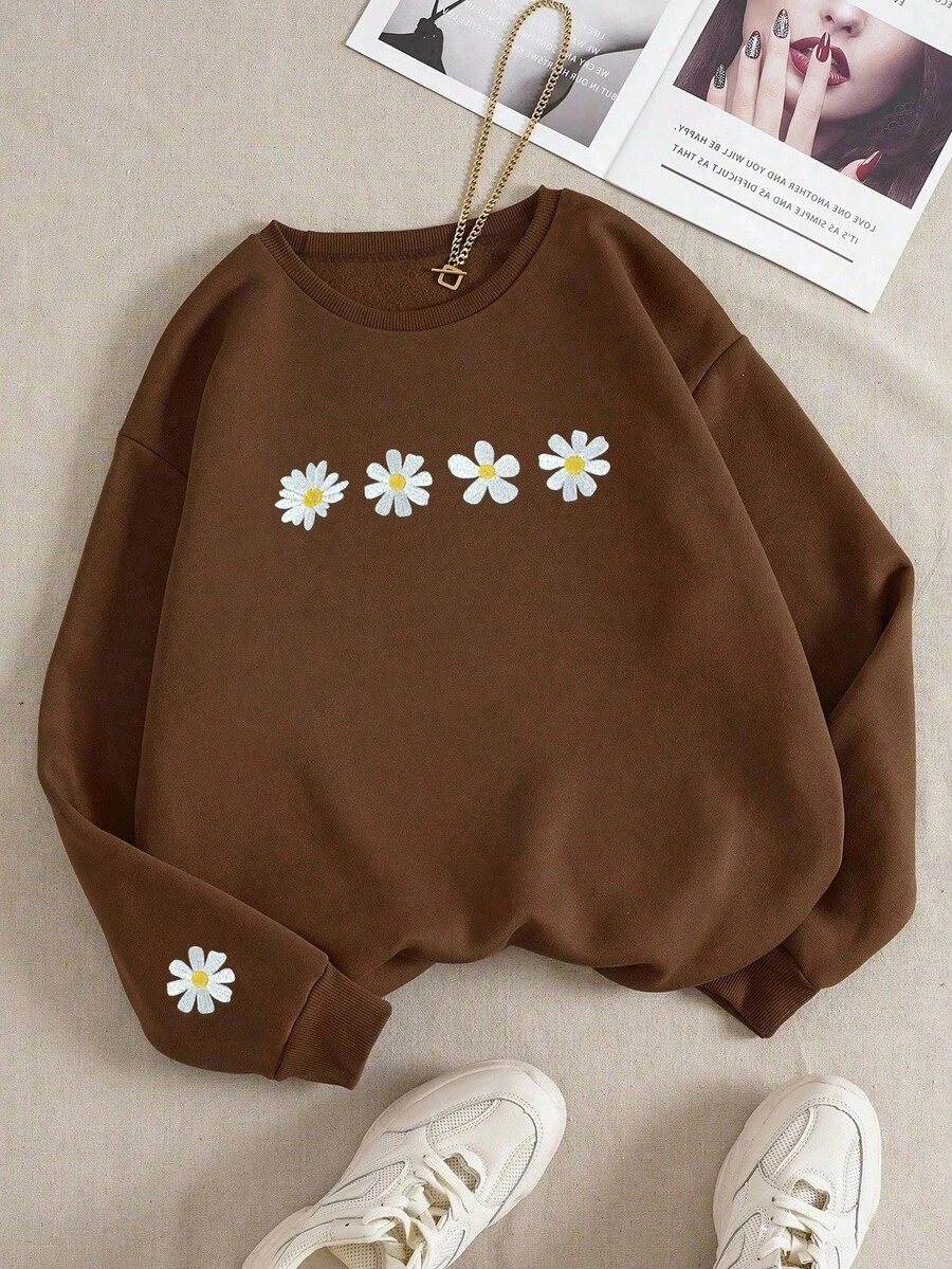 INAWLY 女式雏菊印花休闲运动衫，适合秋季、返校季、日常穿着、节日场合、摄影必备，引人注目，常规版型圆领 - 咖啡棕 - 查看 1