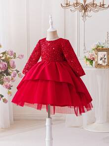 Glamorique Kids Girls' Red Sequin Tulle Puffy Dress, Satin Back Bow Trailing Party Dress, Elegant Children Christmas/Halloween Dress.Princess Dress. Formal Occasion Wear Spring/Autumn /Winter Princess Halloween/Christmas Party  Dresses - Red - View 3