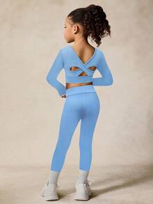Young Girls Activewear Set, High Stretch Long Sleeve, Criss-Cross Hollow Back Design Sportswear, Back To School, Casual - Blue - View 3