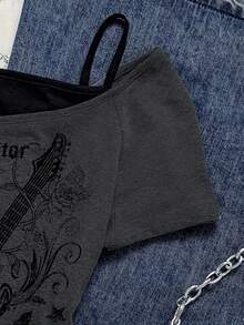 Attitoon 女式休闲简约吉他图案复古撞色短袖 T 恤 - 深灰色 - 查看 4