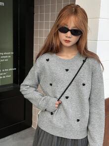 DAZY 少女休闲简约心形图案宽松圆领毛衣，秋冬