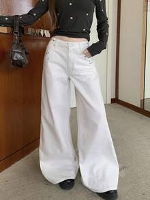 DAZY Quần jeans ống rộng khoét lỗ kim loại thời trang đường phố dành cho nữ, mùa thu - trắng - Xem 4