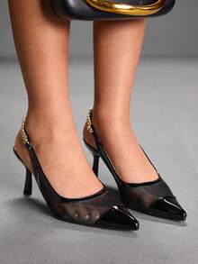 CUCCOO SZL Sepatu Hak Tinggi Wanita Ujung Lancip, Dekorasi Rantai Logam, Bagian Atas Jala, Lapisan Merah Seksi, Desain Tanpa Punggung Elegan, Sandal Hak Asimetris - Hitam - View 11