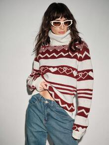 SHEIN LUNE Women's 90s Retro White And Burgundy Heart Pattern Pullover Sweater,Autumn Oversized Collar Loose Raglan Sleeve Christmas Dates Commuting Fashion - White - View 3