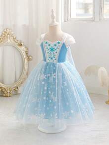 SHEIN Glamorique Kids 女童公主裙，蓝色网纱连衣裙，蓝色公主裙，雪花印花网纱蓬蓬裙，带披肩和手套的派对礼服，生日派对，舞会礼服，优雅正式礼服，适合所有季节，中东、欧洲和美国 - 藍色 - 查看 7