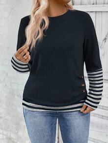 EMERY ROSE 全新大码女式时尚印花条纹撞色圆领宽松T恤 - 藏蓝色 - 查看 3