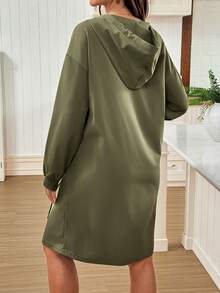 SHEIN فستان أمومة كاجوال بلون أحادي متوسط الطول مع كابوشون - أخضر عسكري - مشاهدة 2