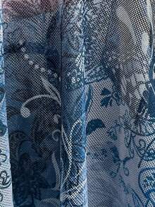 Soleia 大码女式复古绿色花卉印花针织网眼前开襟系腰喇叭袖衬衫 - 藍色 - 查看 8