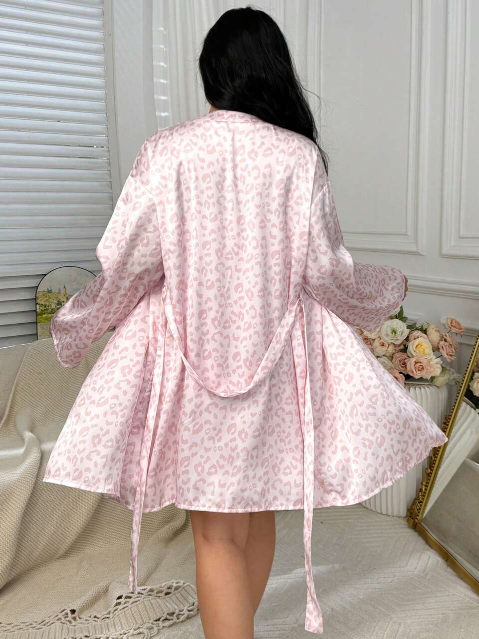 Dazy Plus 2pcs Plus Size Women Leopard Print Nightgown & Robe Set, Fashionable Loungewear For Spring & Autumn Fall Winter Clothes
